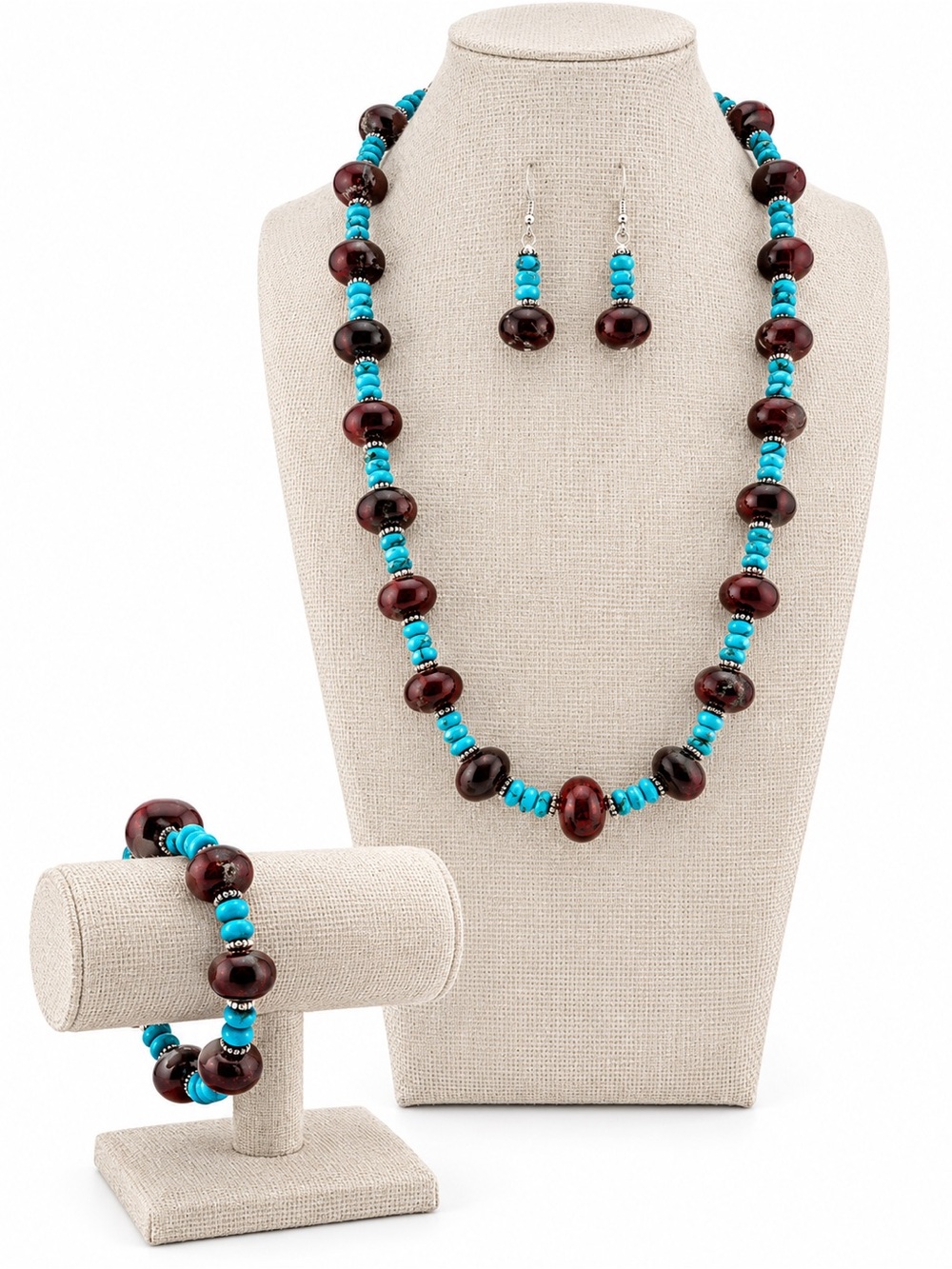 Breciated Jasper & Turquoise Rondel Jewelry Set - 6.5” bracelet